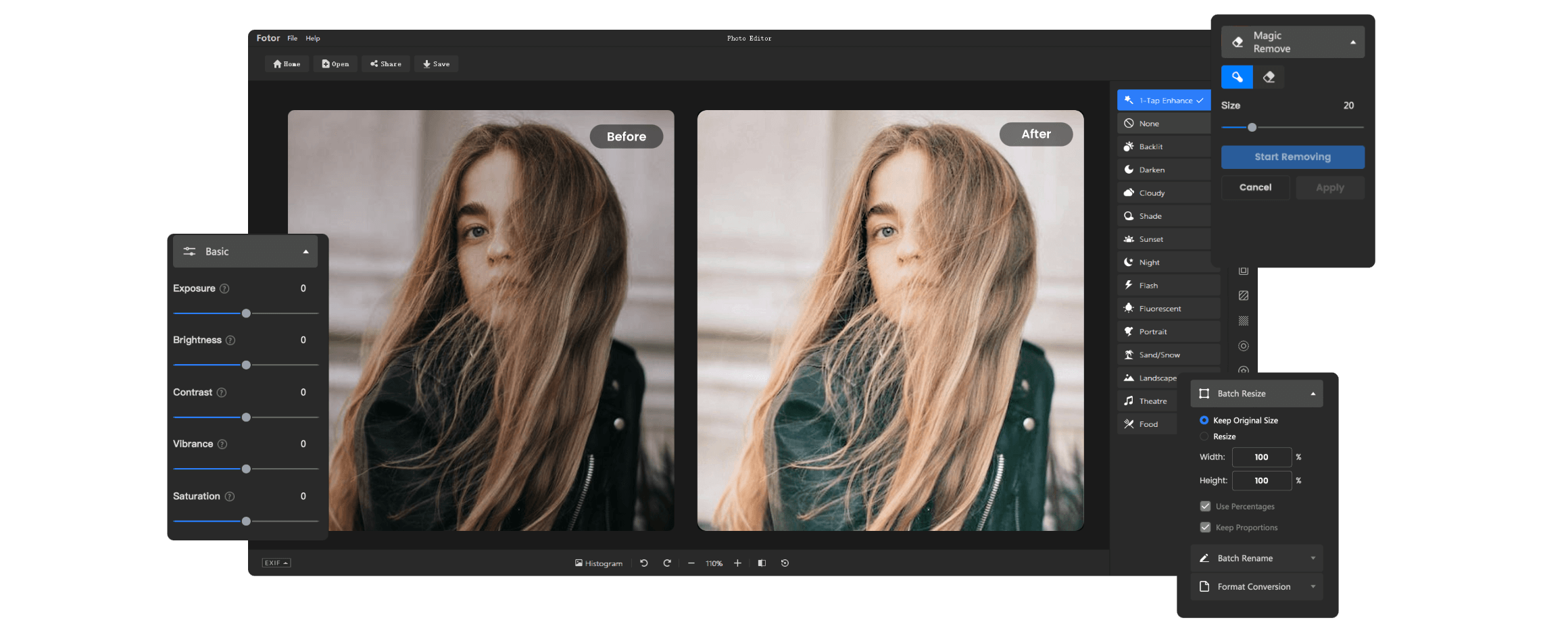 Интерфейс Fotor для редактирования фотографии