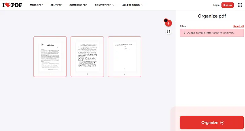 Перестановка миниатюр в iLovePDF Organize PDF