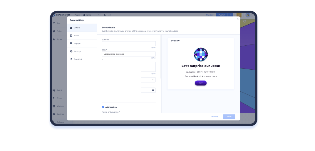 Настройки события в редакторе приглашения Renderforest