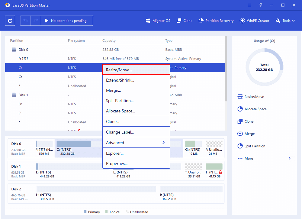 Расширение системного раздела в EaseUS Partition Master