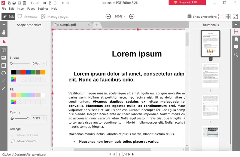 Открытый PDF в Icecream PDF Editor с областью документа и миниатюрами страниц