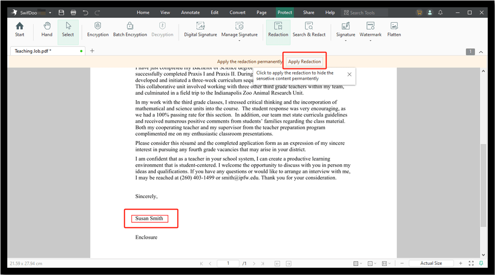 Кнопка Apply Redaction после маркировки текста в SwifDoo PDF