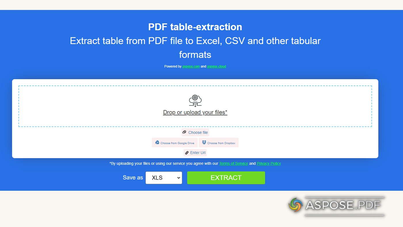 Aspose PDF Table Extractor: загрузка PDF и выбор табличного формата
