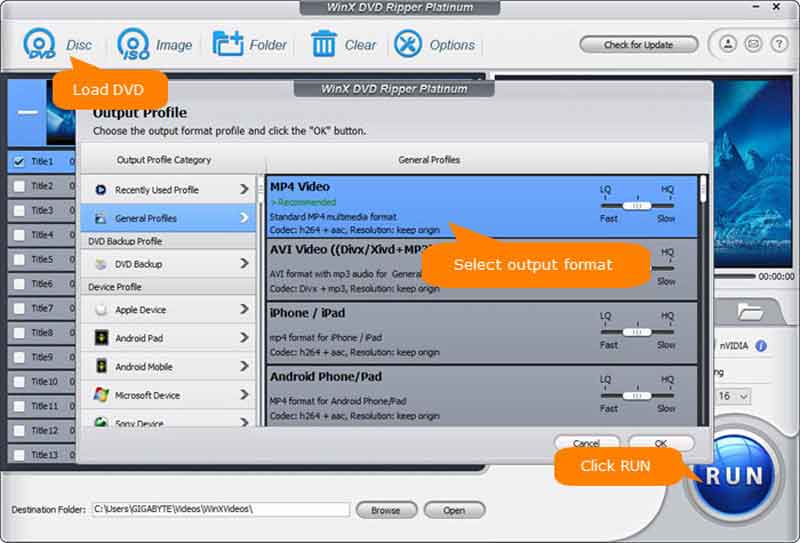 Выбор выходного профиля WinX DVD Ripper
