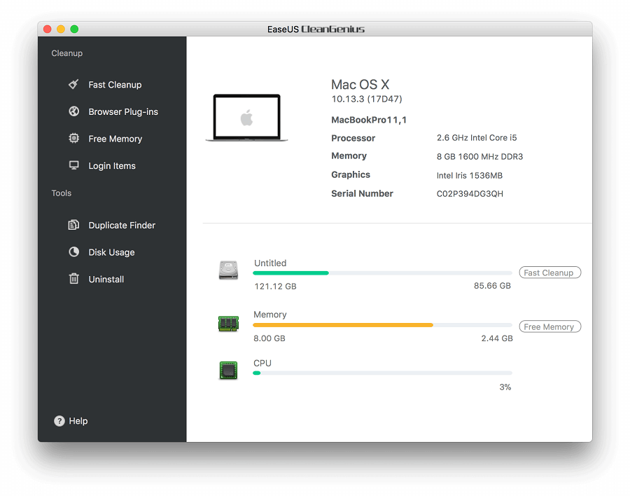 Главное окно EaseUS CleanGenius для Mac с информацией о системе, диске, памяти и процессоре
