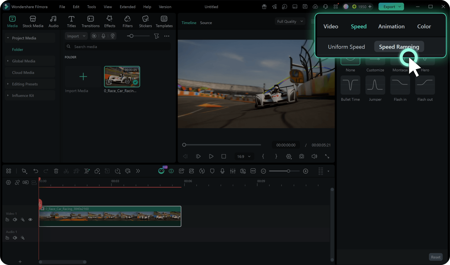 Панель Speed Ramping в Filmora