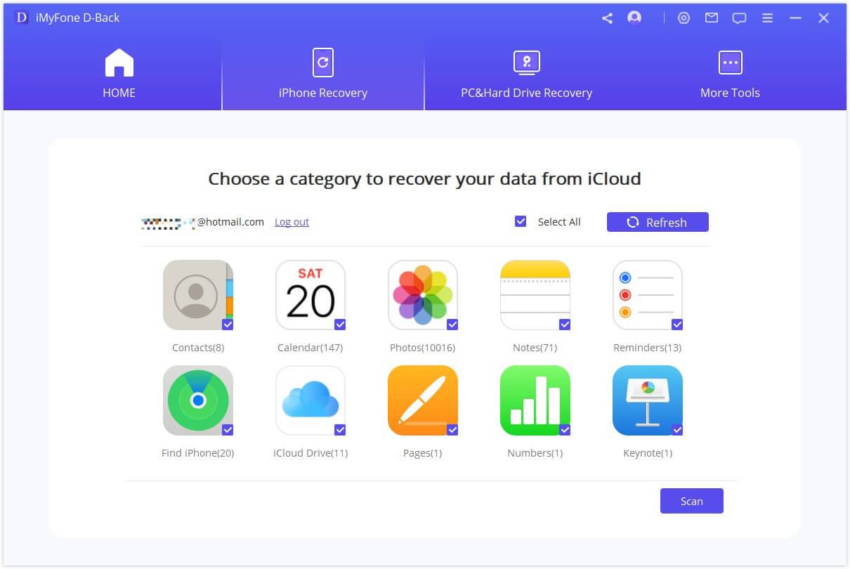Выбор категорий данных из учётной записи iCloud