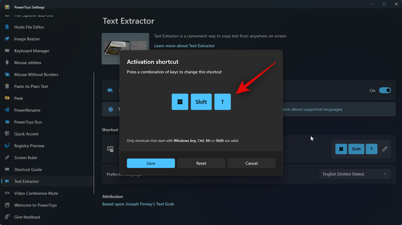 Настройки Text Extractor в Microsoft PowerToys