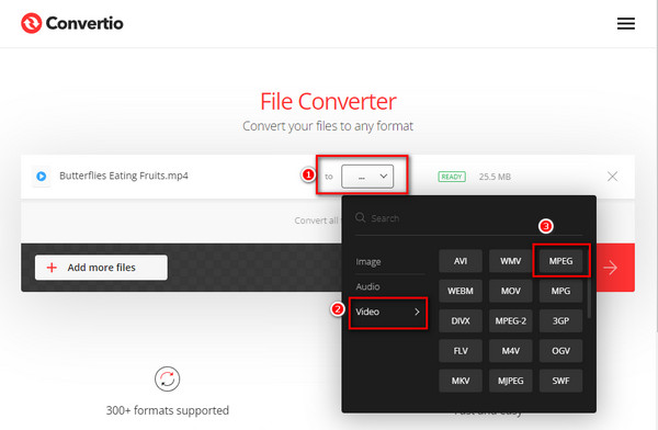 Интерфейс Convertio с выбором выходного видеоформата