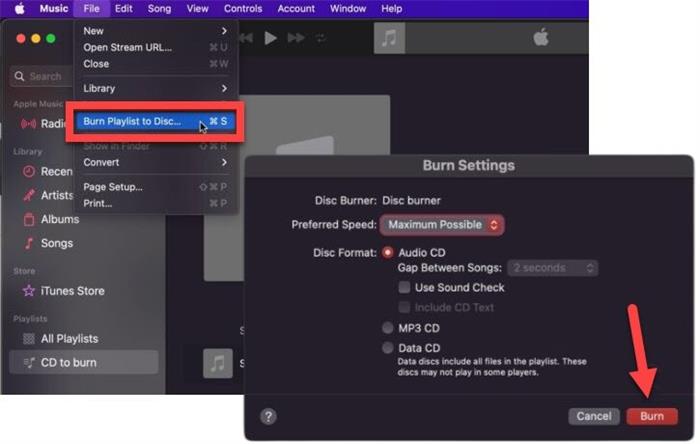 Команда Burn Playlist to Disc и параметры Audio CD в приложении Music на Mac