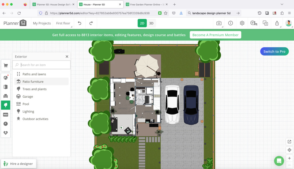 Интерфейс Planner 5D с планом участка и каталогом Exterior