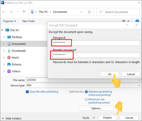 Microsoft Word: параметр Encrypt the document with a password при экспорте PDF