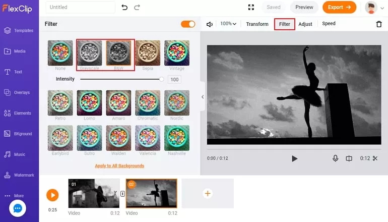 Фильтры Greyscale и B and W в FlexClip