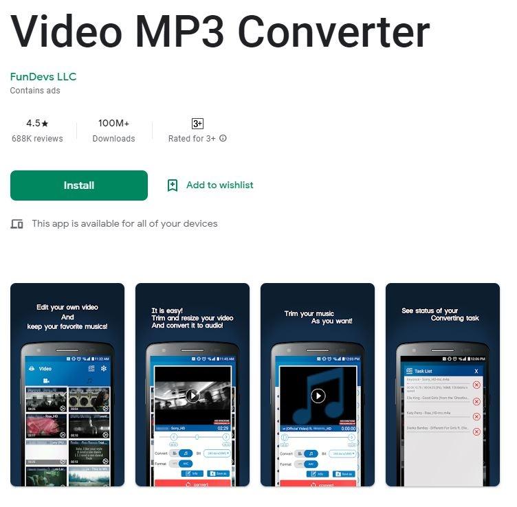Video MP3 Converter от FunDevs с экранами выбора видео, настроек аудио и очереди задач