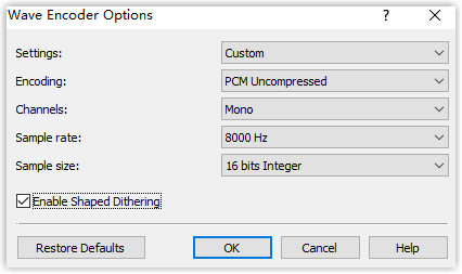 Окно Wave Encoder Options в WavePad с каналами и частотой 8000 Hz