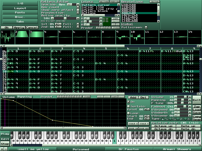 Интерфейс MilkyTracker с Pattern Editor и инструментами