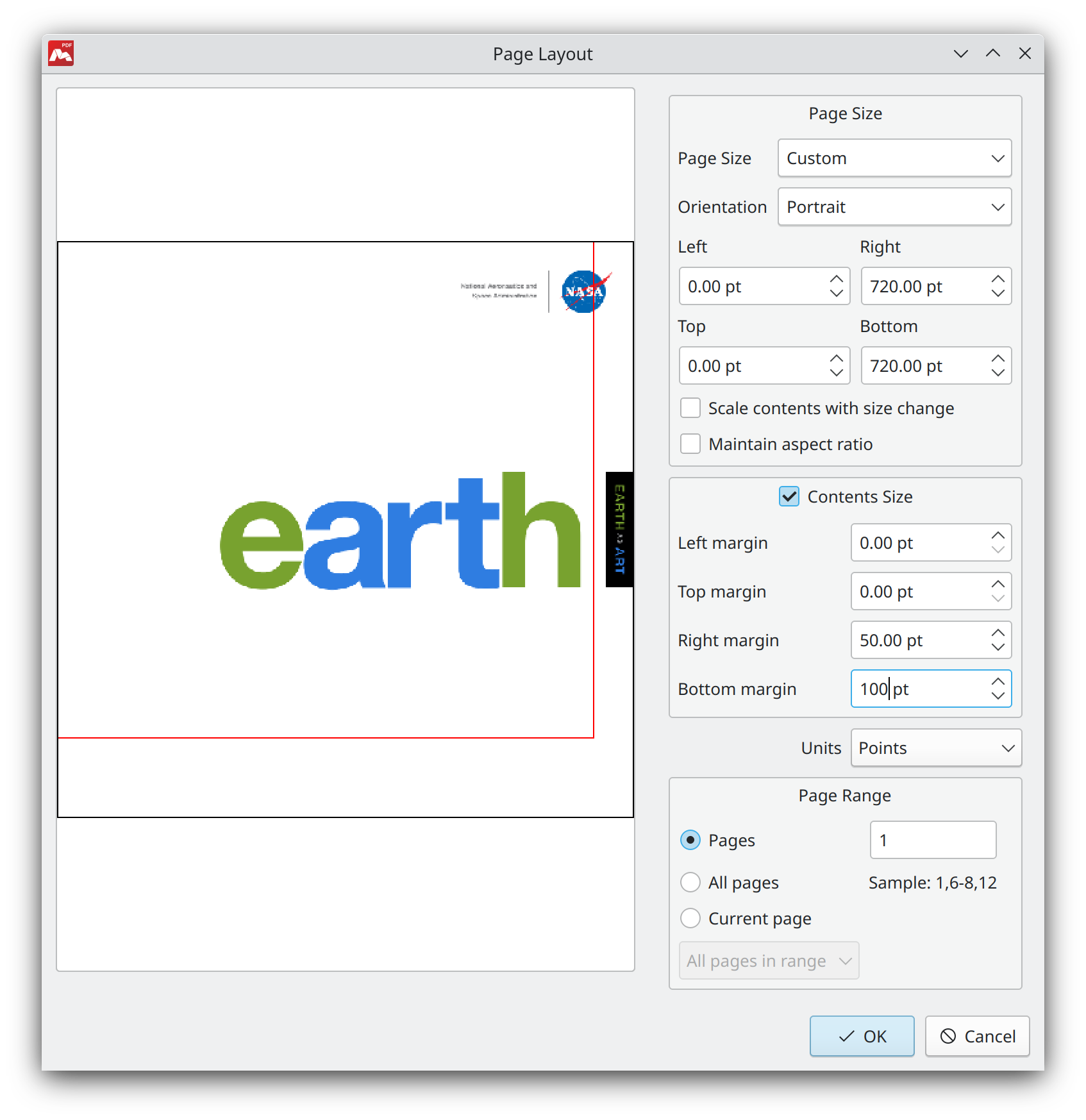 Окно Page Layout в Master PDF Editor с размером страницы, Scale contents with size change и диапазоном