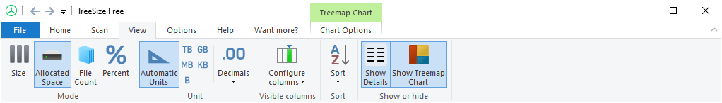 Вкладка View в TreeSize Free с переключателями размера, деталей и treemap