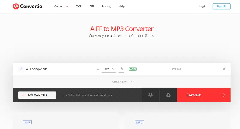 Интерфейс Convertio для AIFF в MP3