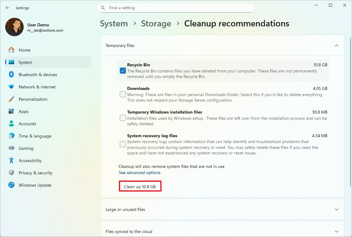 Категории файлов в рекомендациях по очистке Windows 11