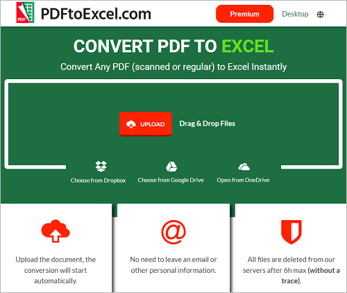 PDFtoExcel.com: окно загрузки PDF для конвертации в Excel