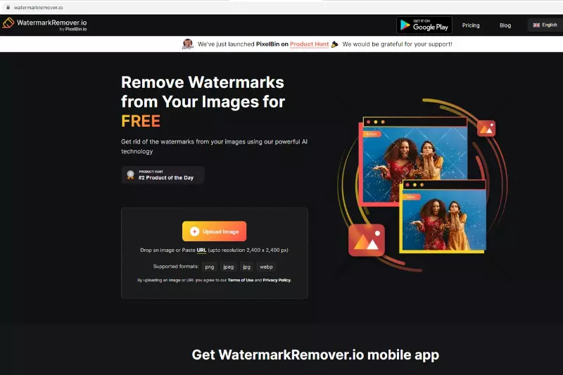 Главная область WatermarkRemover.io с кнопкой Upload Image