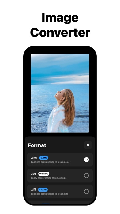 Экран Instasize Image Converter с выбором форматов .png, .jpg и .tiff