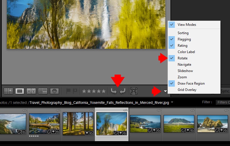 Adobe Lightroom Classic: поворот фотографии в рабочем окне каталога
