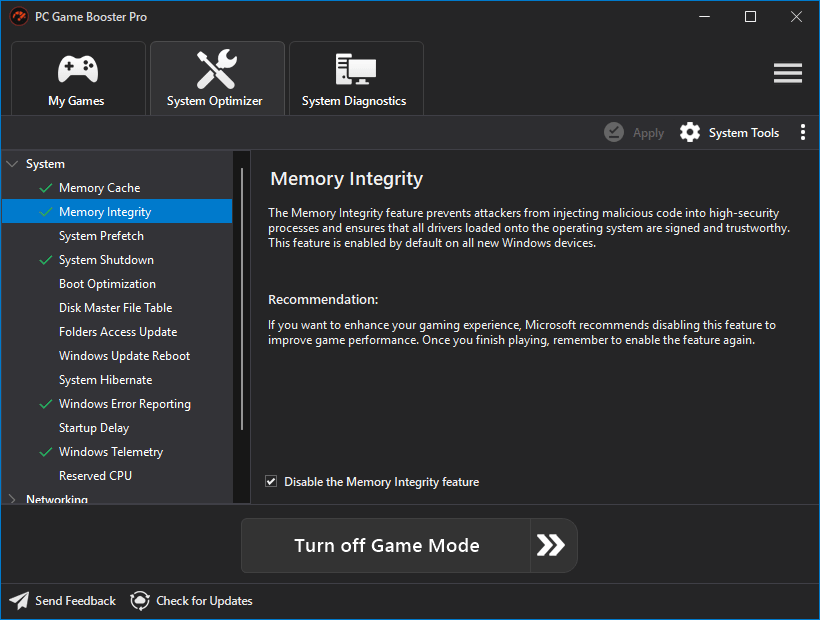 Раздел System Optimizer в PC Game Booster