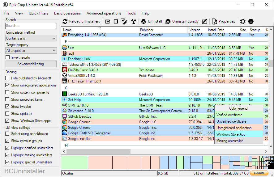Главное окно Bulk Crap Uninstaller и цветовая классификация программ