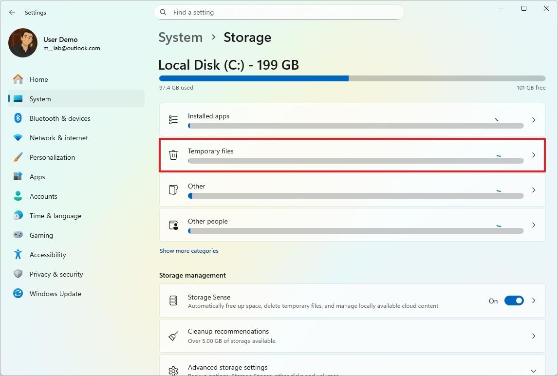 Раздел временных файлов Windows 11