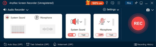 Интерфейс AnyRec Screen Recorder для записи системного звука