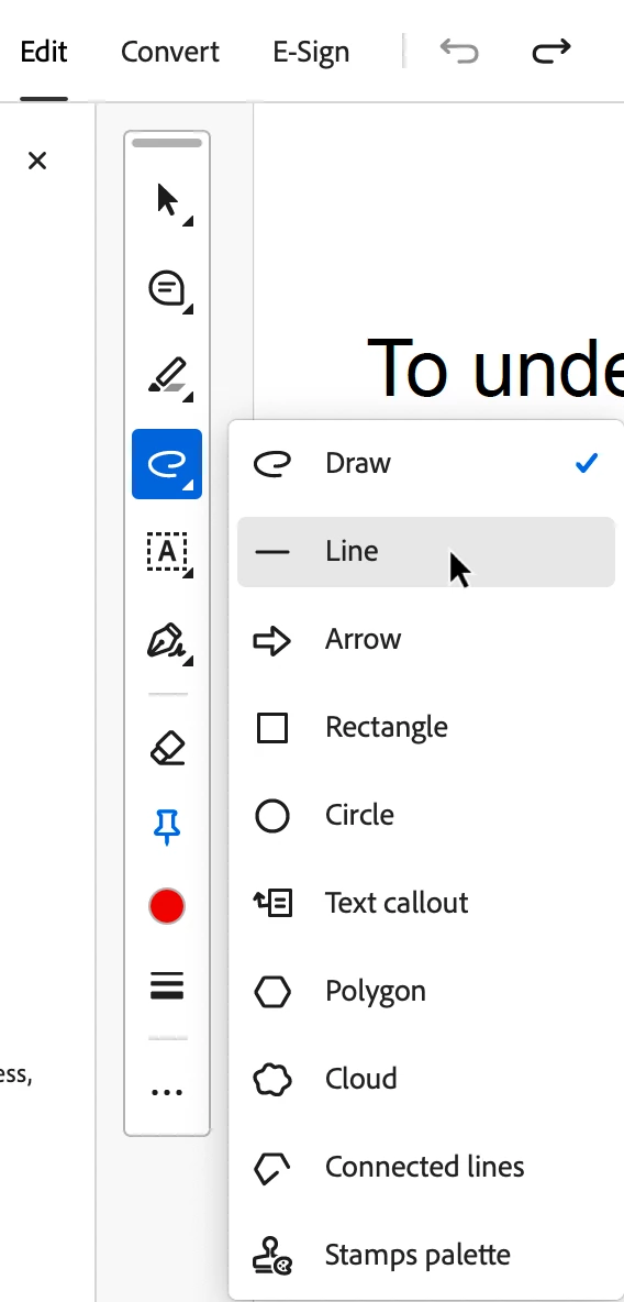 Меню рисования Adobe Acrobat с инструментами Draw, Line, Arrow, Rectangle и Circle