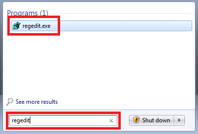 Поиск программы regedit в меню Пуск Windows 7
