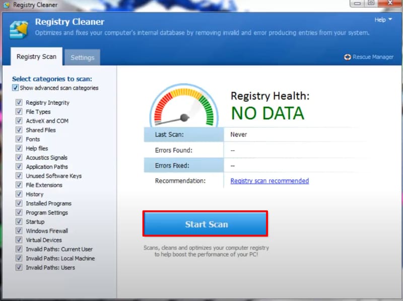Кнопка Start Scan в неидентифицированном Registry Cleaner