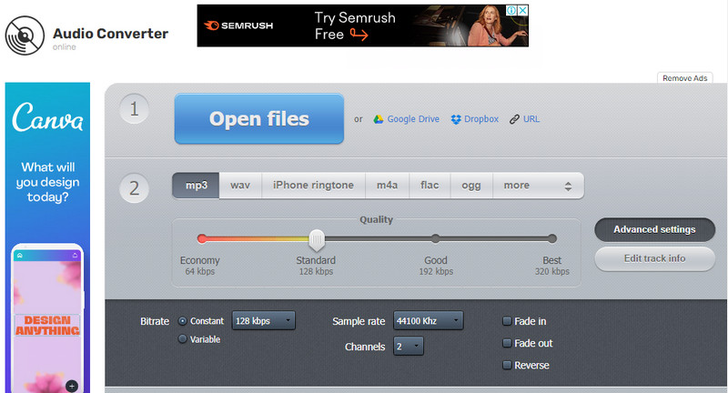 Интерфейс 123Apps Online Audio Converter с выбором аудиоформата