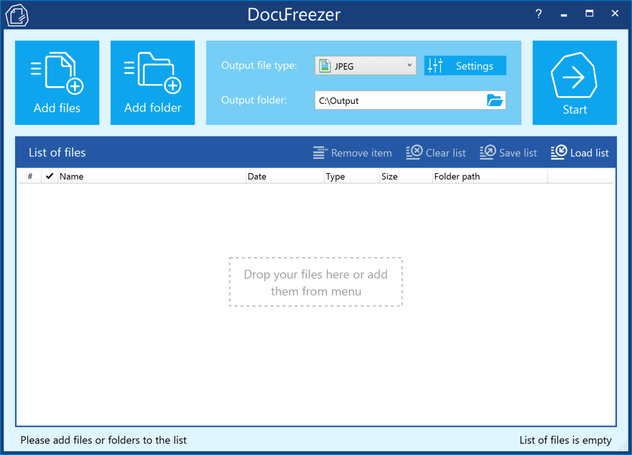 Главное окно DocuFreezer с кнопками Add files, Add folder, Settings и Start