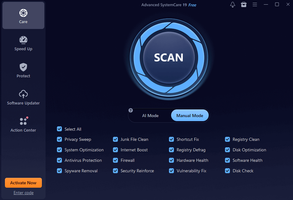 Главное окно Advanced SystemCare с выбором модулей проверки