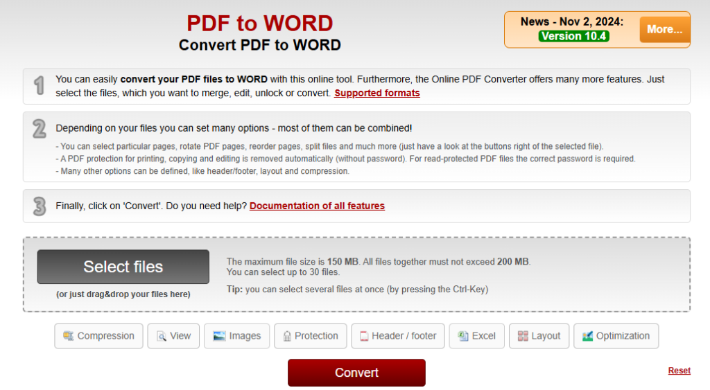 Интерфейс Online2PDF для преобразования PDF в Word