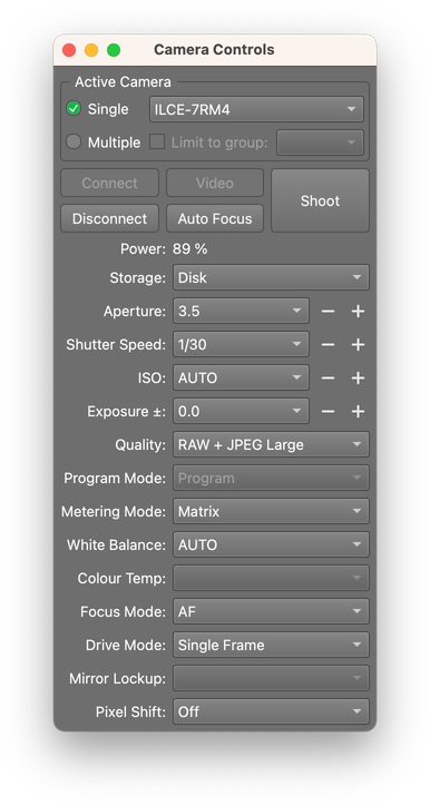 Окно Camera Controls в Smart Shooter 5