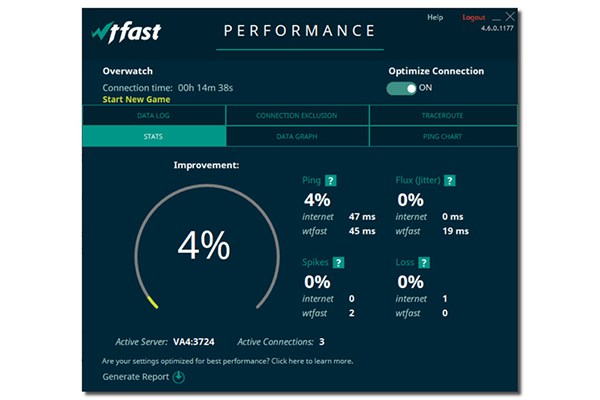 Окно статистики соединения WTFast