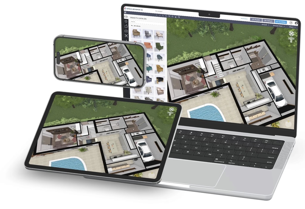 Интерфейс Space Designer 3D с планом дома в браузере на нескольких устройствах