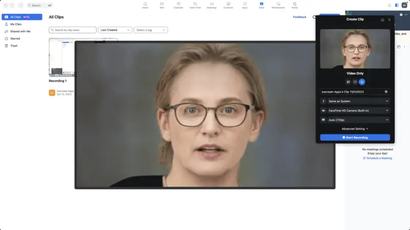 Окно Create Clip в Zoom с выбором камеры и микрофона