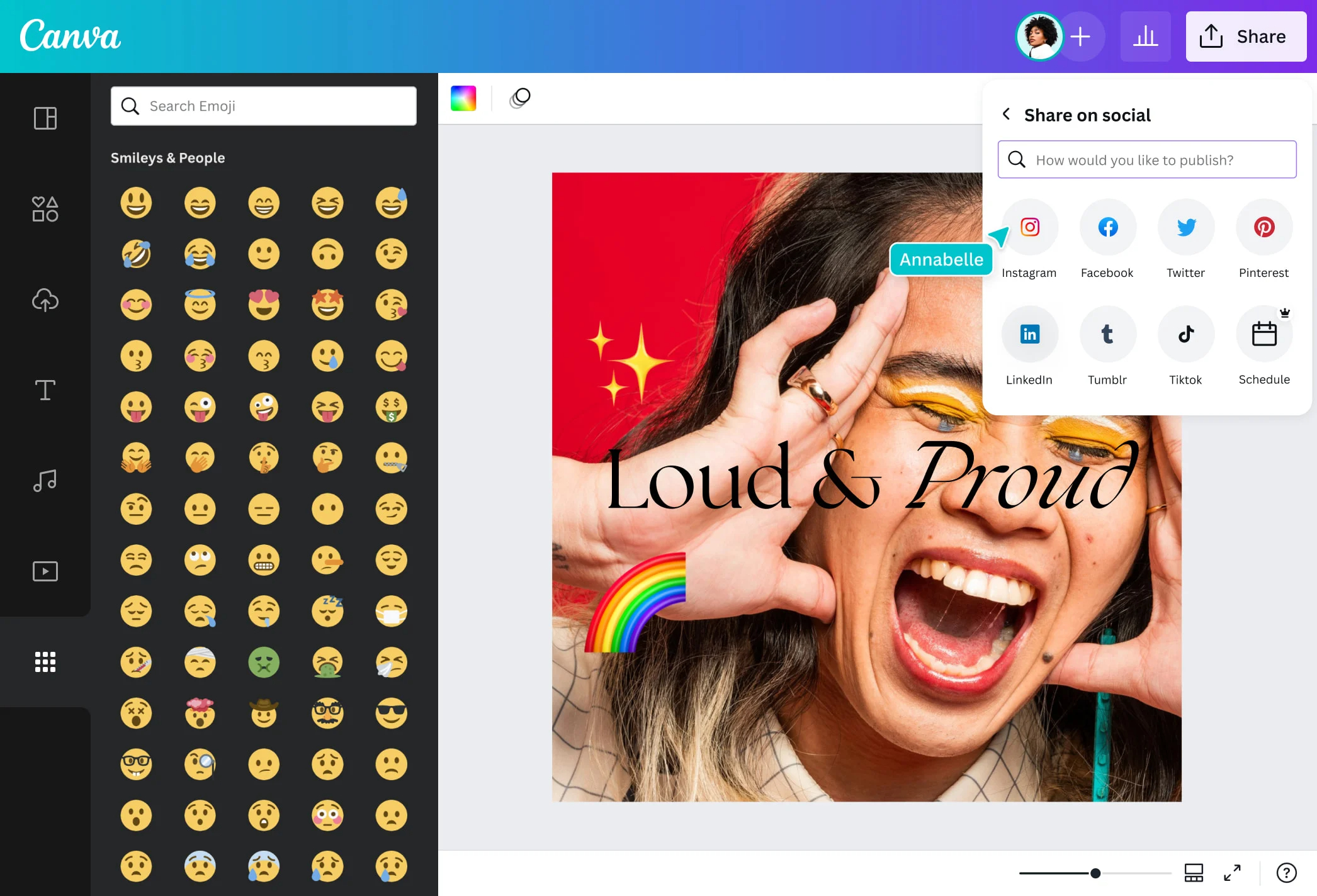 Добавление emoji к фотографии в редакторе Canva