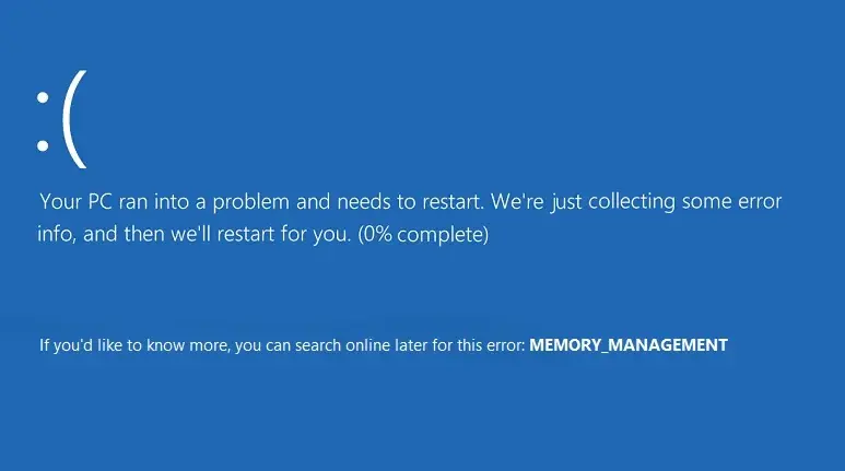 Синий экран Windows с кодом остановки MEMORY_MANAGEMENT
