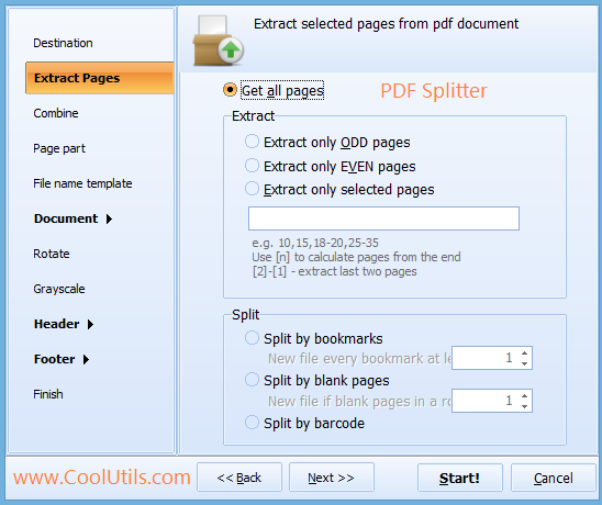 Окно мастера CoolUtils PDF Splitter с режимами Extract Pages, Split by bookmarks, Split by blank pages и Split by barcode