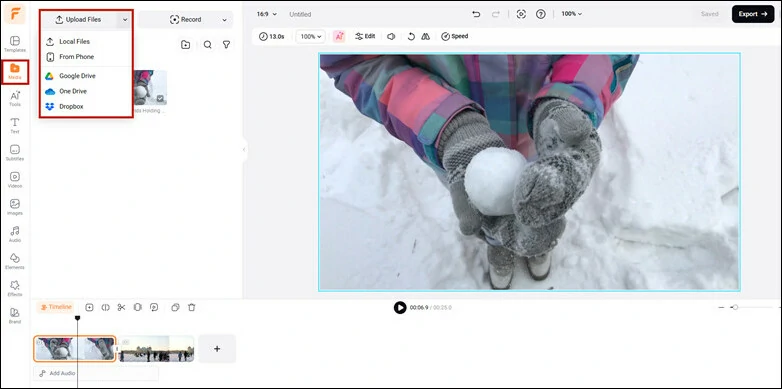 Загрузка исходного видео через Media и Upload Files в FlexClip