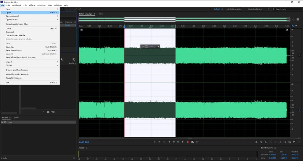 Adobe Audition Waveform Editor с выделением и командой Save Selection As