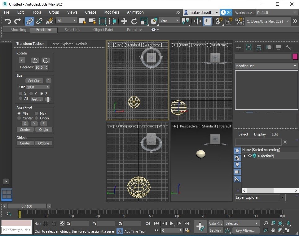 Интерфейс Autodesk 3ds Max с четырьмя видовыми окнами, модификаторами и временной шкалой