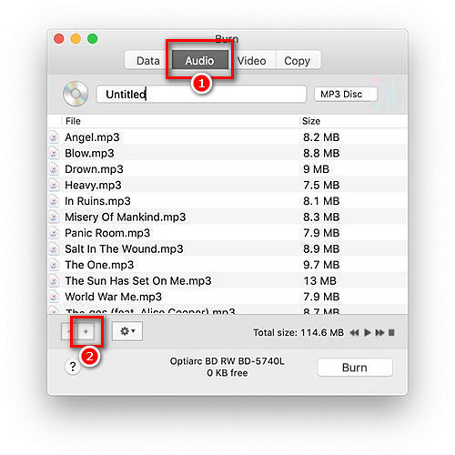 Вкладка Audio в программе Burn для macOS